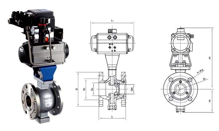 VQ640(F/H/Y)法兰式气动V型球阀外形结构图 V型球阀(图3)